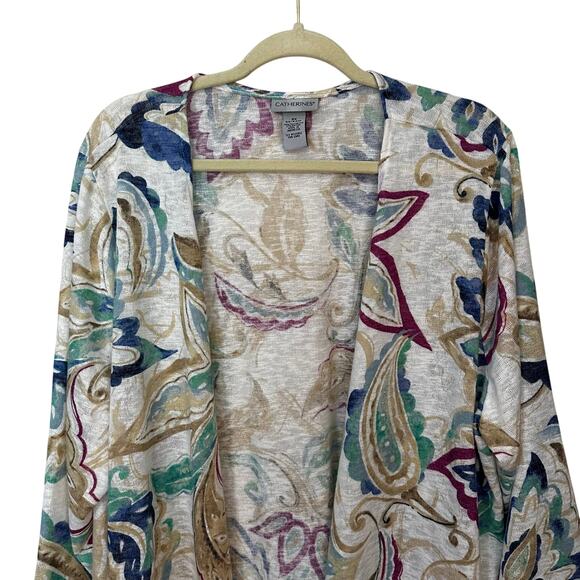 Catherines Cardigan Open Front Womens Size 2X Cream Paisley 3/4 Sleeve - Picture 4 of 6